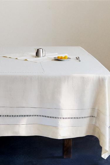 LINEN TABLECLOTH WITH HEMSTITCHING INSERTS - Ecru by Zara