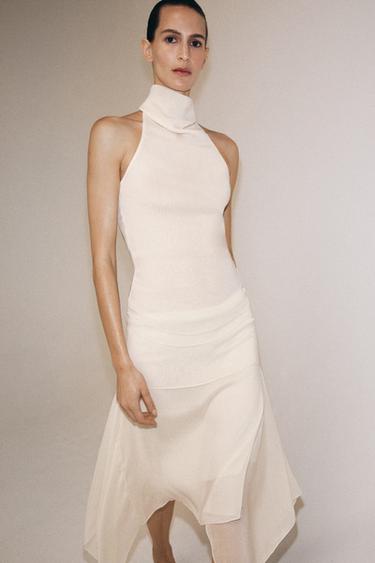 Zara ASYMMETRIC FLOWY SKIRT - Ecru