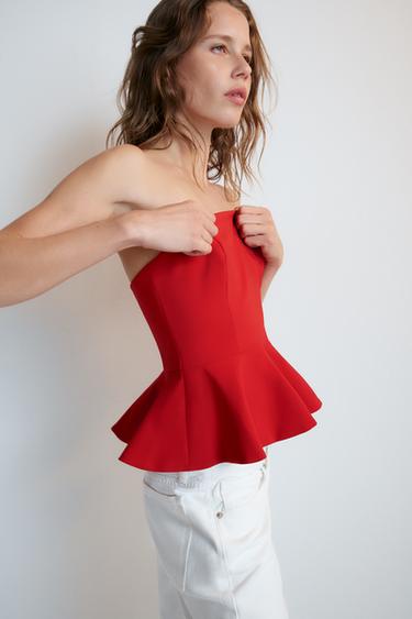 TOP PEPLUM PALABRA DE HONOR LUNARES - Rojo fuerte de Zara