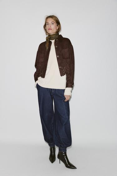 Zara DIE-CUT HEM FAUX SUEDE JACKET - Brown