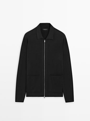 Cardigan zippé avec poches en coton et en laine - Noir de Zara