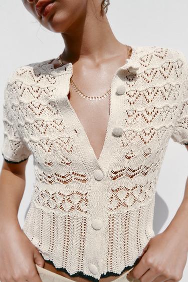 POINTELLE KNIT SHORT SLEEVE CARDIGAN - Black / White by Zara - Image 2
