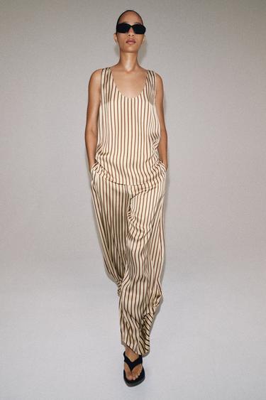 Zara ZW COLLECTION STRIPED BALLOON PANTS - Ecru / Maroon