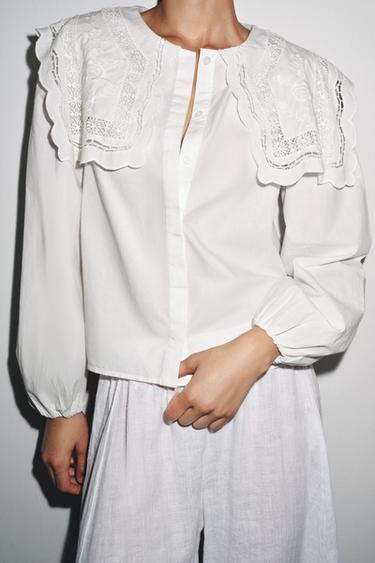 CAMISA POPELÍN CUELLO BORDADO ZW COLLECTION - Blanco roto de Zara