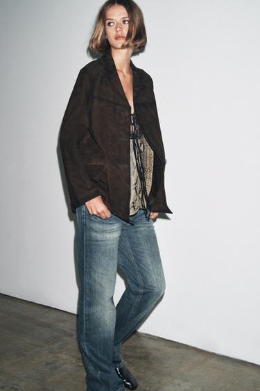 ZW COLLECTION LIMITED EDITION 100% SUEDE LEATHER BLAZER - Chocolate by Zara