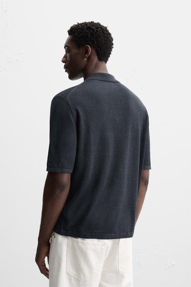 100% HEMP KNIT POLO SHIRT - Navy blue by Zara - Image 2