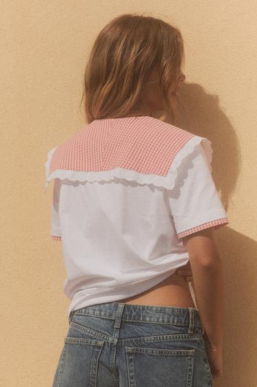 T-SHIRT BIMATIÈRE À CARREAUX VICHY - Blanc / Rouge de Zara - Image 2