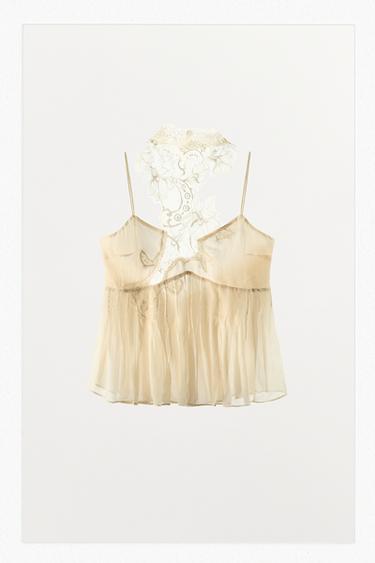 TOP HALTER AVEC GODETS BIMATIÈRE - Écru de Zara