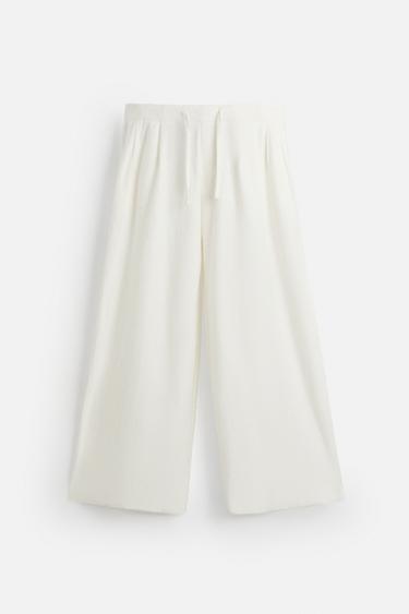 Zara TEXTURED RELAXED FIT PANTS - White