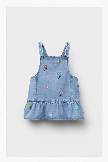 EMBROIDERED FLORAL DENIM PINAFORE DRESS - Blue by Zara
