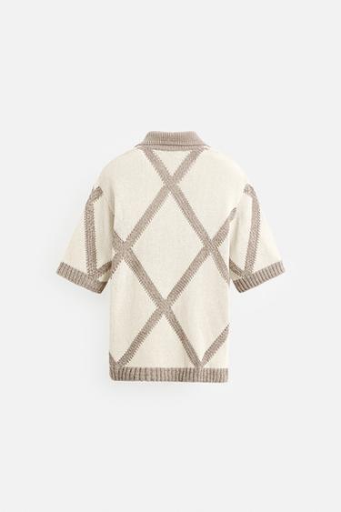 RHOMBUS JACQUARD KNIT POLO SHIRT - Brown / Taupe by Zara - Image 7