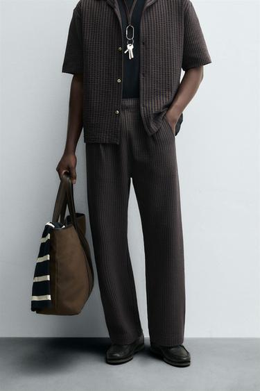PANTALÓN SEERSUCKER RAYAS CONFORT - Marrón-Azul de Zara