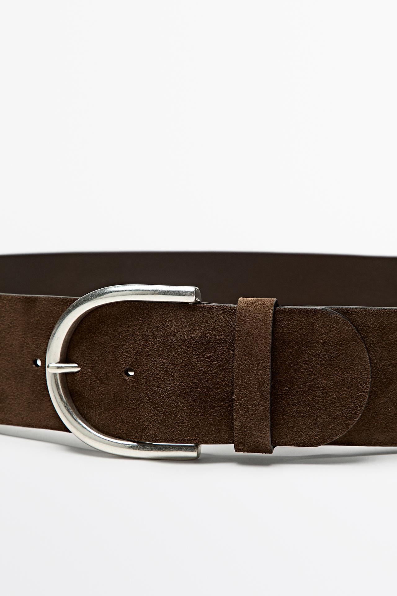 Split suede and leather metallic buckle belt — Khaki