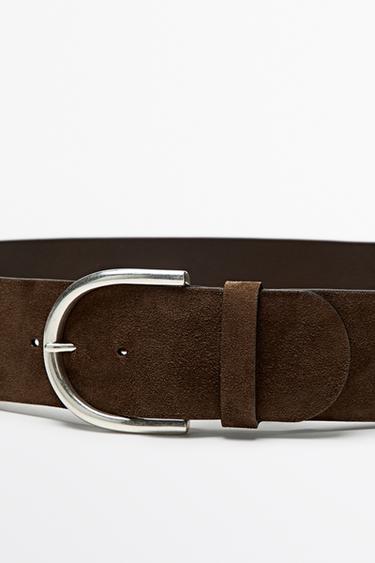 Split suede and leather metallic buckle belt — Khaki 2