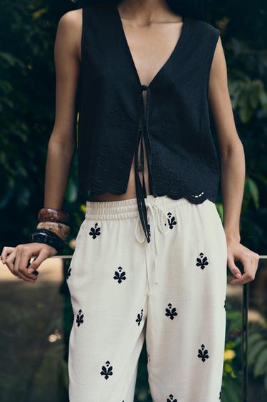 LINEN BLEND WAISTCOAT WITH CUTWORK EMBROIDERY - Black by Zara - Image 1