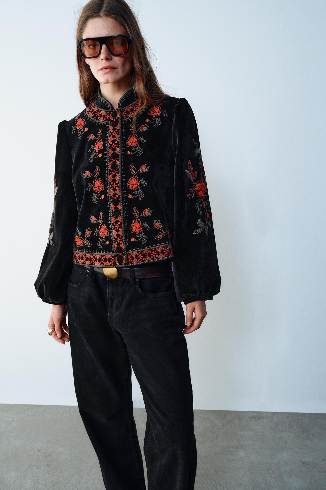 EMBROIDERED VELVET JACKET — Black