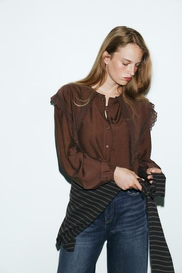FLOWING SHIRT WITH PETER PAN COLLAR - Dark brown by Zara - Image 1