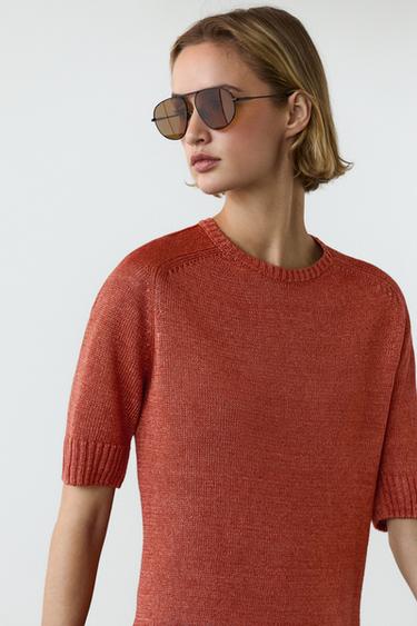 Zara 100% linen short sleeve knit sweater - Burnt orange