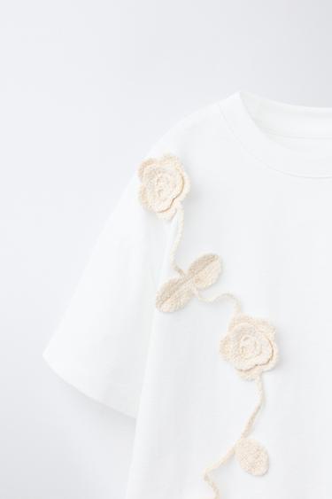 CROCHET FLORAL T-SHIRT - White by Zara - Image 2