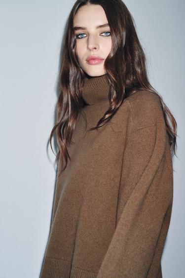 Zara 95% WOOL HIGH COLLAR SWEATER - Light brown