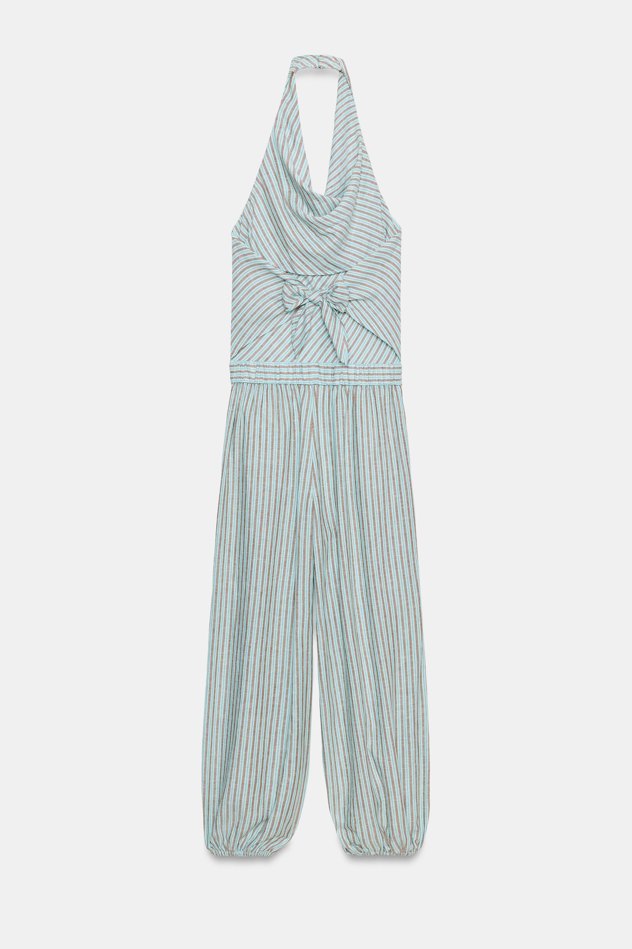 STRIPED LINEN HALTER JUMPSUIT