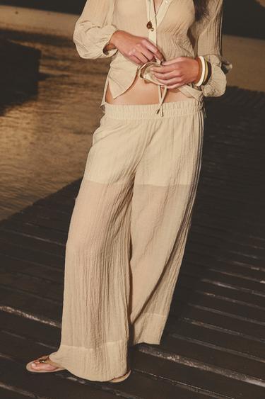 Zara 皺摺效果半透明寬管長褲 - 淺米色