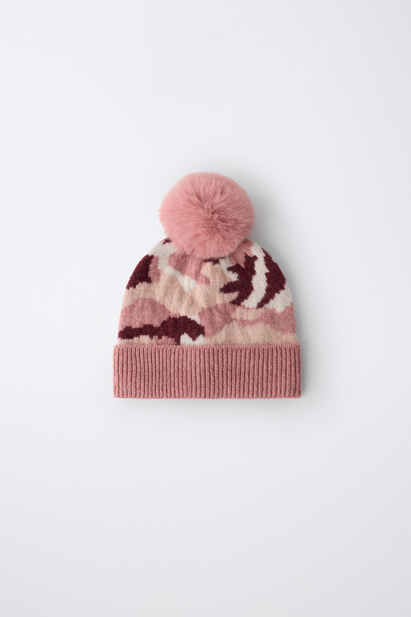 Детская шапка Zara Printed Knit Pom-Pom Beanie, цвет: Розовый — фото 1