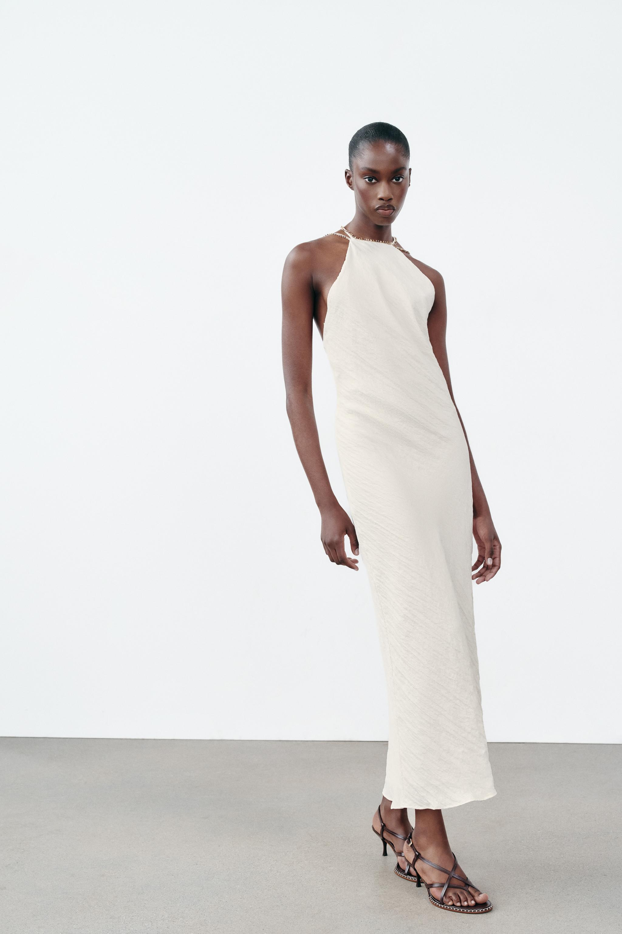 WRINKLE-LOOK BEADED MIDI DRESS - Oyster-white | ZARA United States