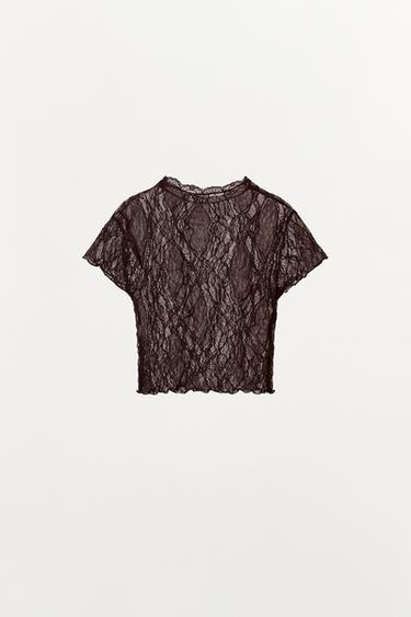 LACE CROP TOP - Dark brown by Zara