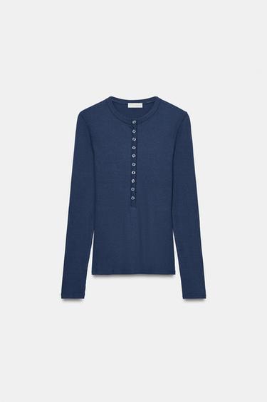 LONG SLEEVE HENLEY T-SHIRT — Midnight blue 2