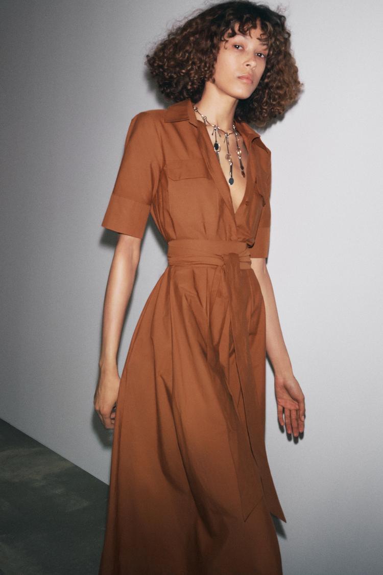 VESTIDO CAMISERO POPELÍN ZW COLLECTION Tostado ZARA España