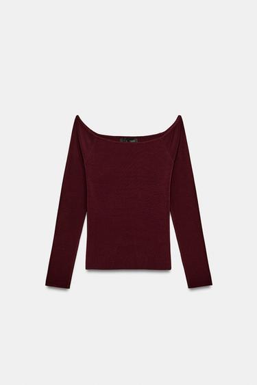Zara OFF-SHOULDER KNIT JUMPER - Maroon