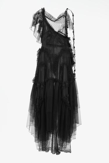 Zara LIMITED EDITION MIDI DRESS IN COMBINED TULLE AND DOTTED MESH - Black