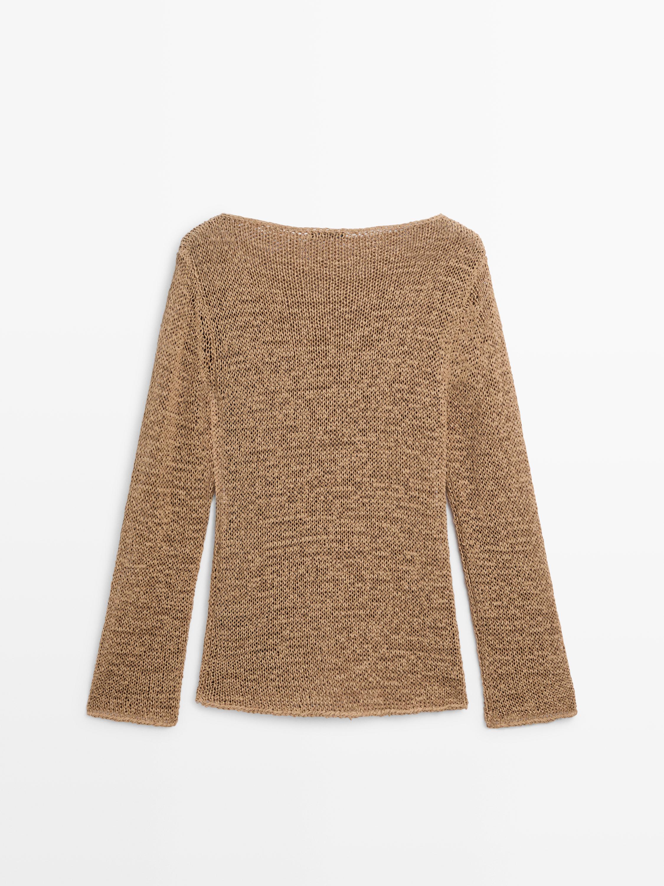 Cotton blend knit boat neck sweater
