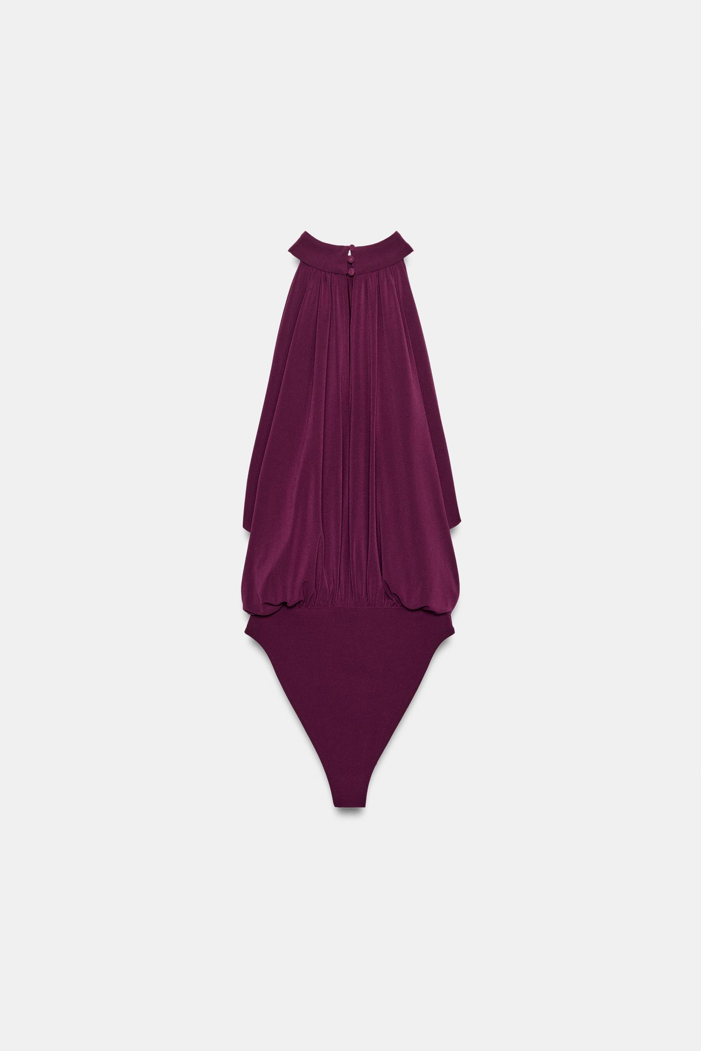 Боди Balloon, завязка на шее — Zara, цвет: Баклажановый — фото 7