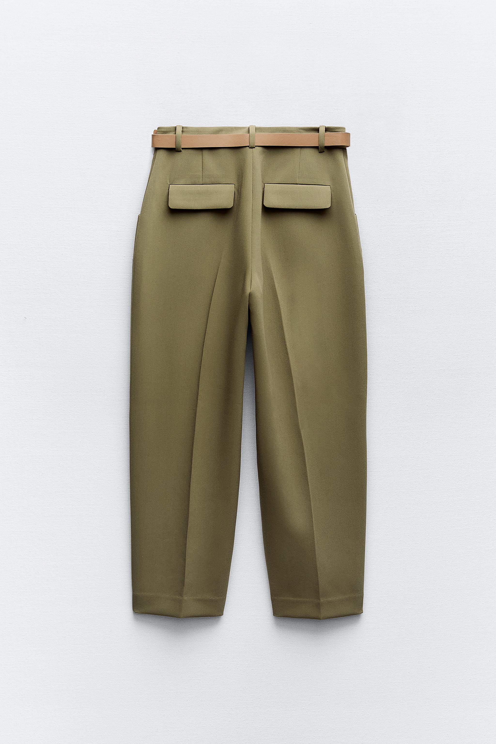 Khaki Brown Belted Tapered Pants in Shiny Coated Denim