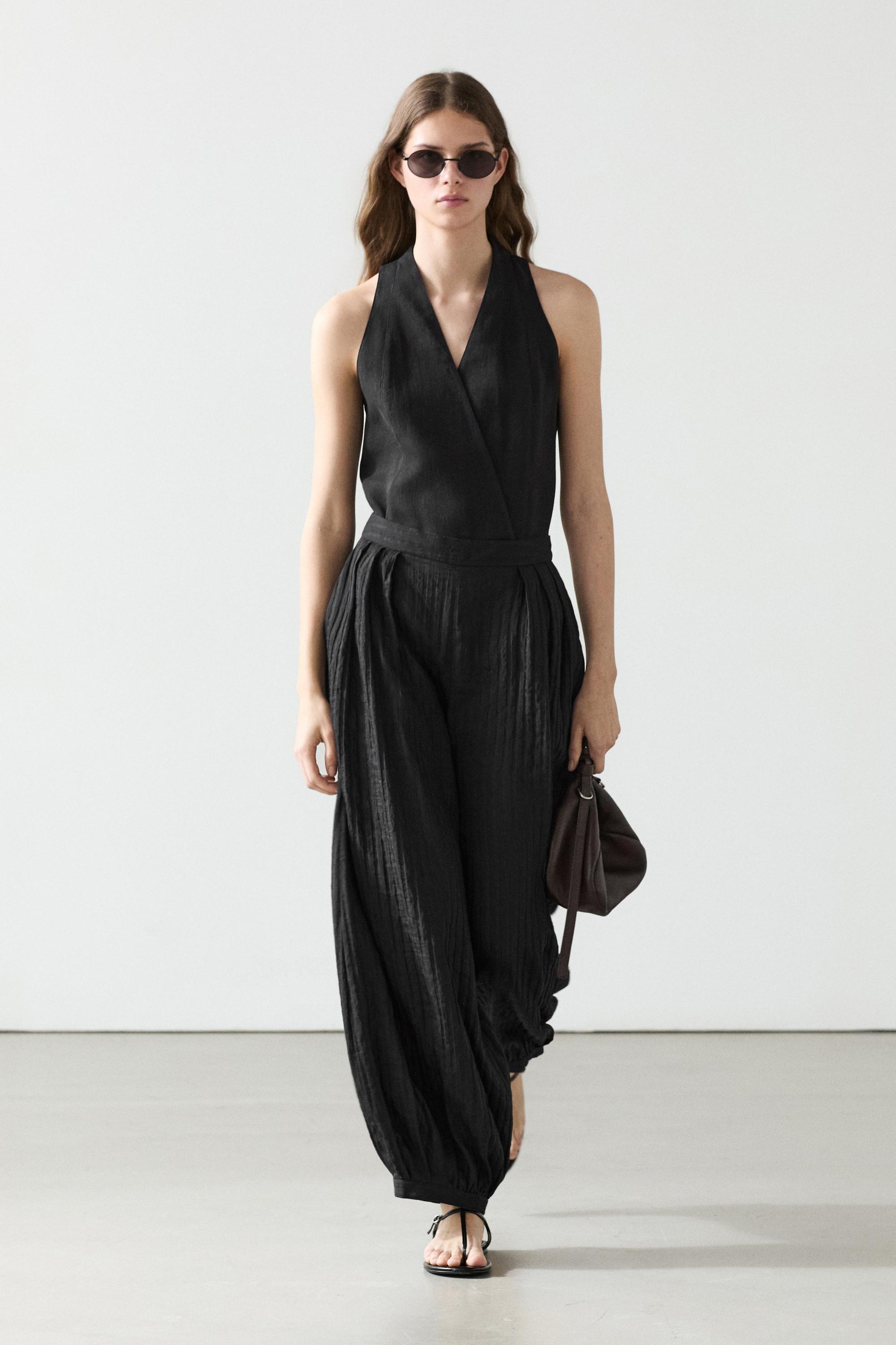 Flowing linen-blend drop crotch pants — Black