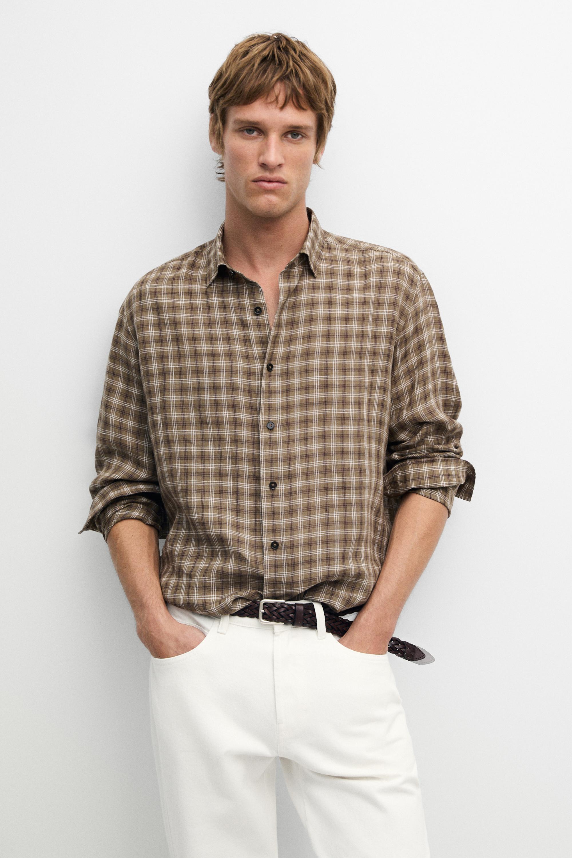 100% linen regular fit check shirt — Brown marl
