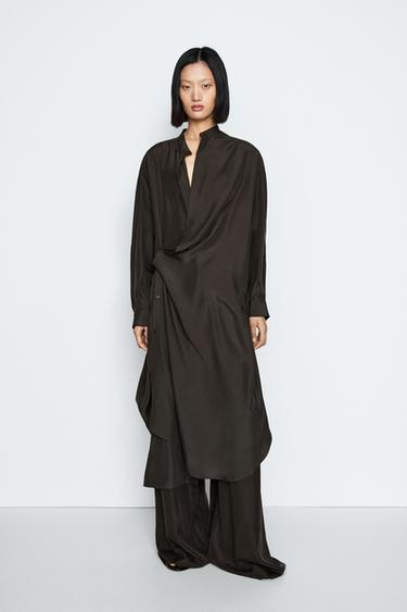 Zara 100% silk midi dress with fastening detail - STUDIO - Dark khaki - Image 0