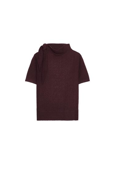 Front view of a knitted maroon top with adjustable high neck, tie fastening and short sleeves.