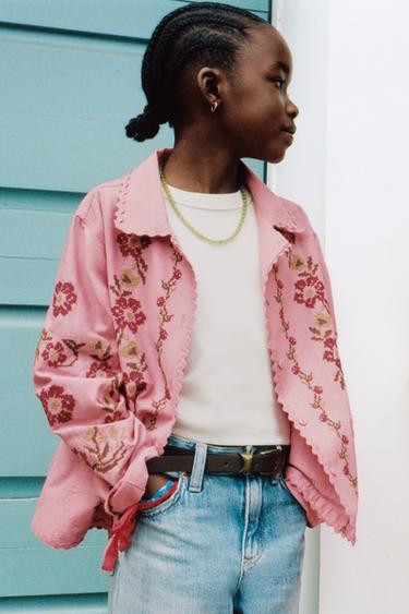 COTTON LINEN CROSS STITCH EMBROIDERED OVERSHIRT - Chalk pink by Zara
