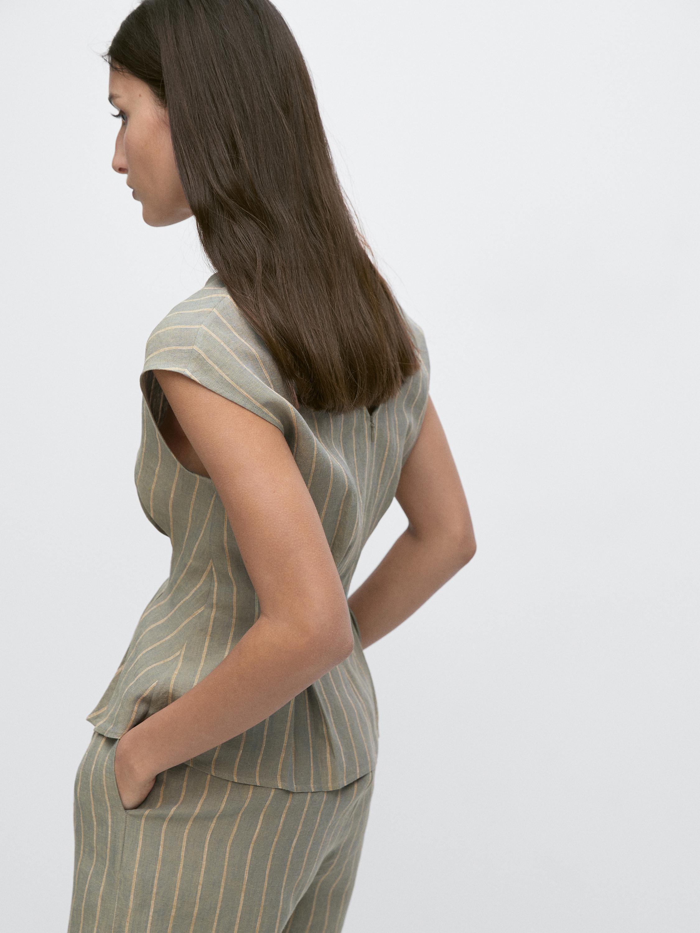 Top rayé avec détail de plis 100 % lin