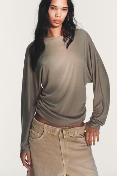 SIDE DRAPED T-SHIRT - Brown / Taupe by Zara
