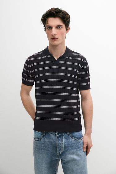 Zara Striped cotton knit polo shirt - Navy blue