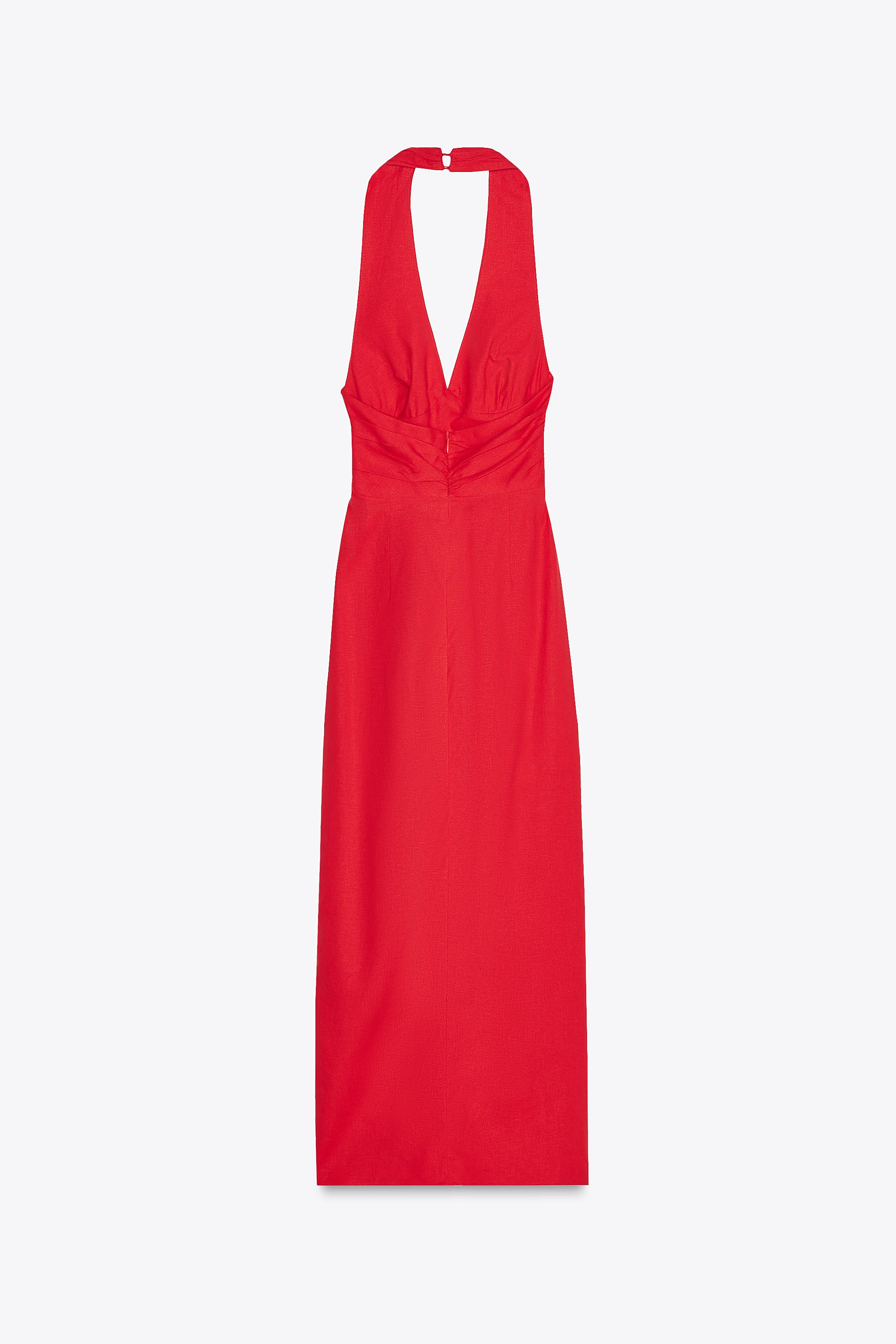 リネン ドレープ入りミディ丈ワンピース - レッド | ZARA Japan