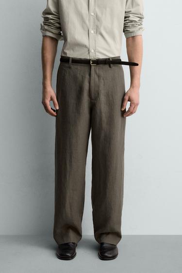 100% LINEN STRAIGHT-LEG TROUSERS - Grey green by Zara