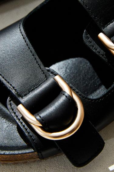FLAT LEATHER SANDALS WITH BUCKLES - Black by Zara - Image 0