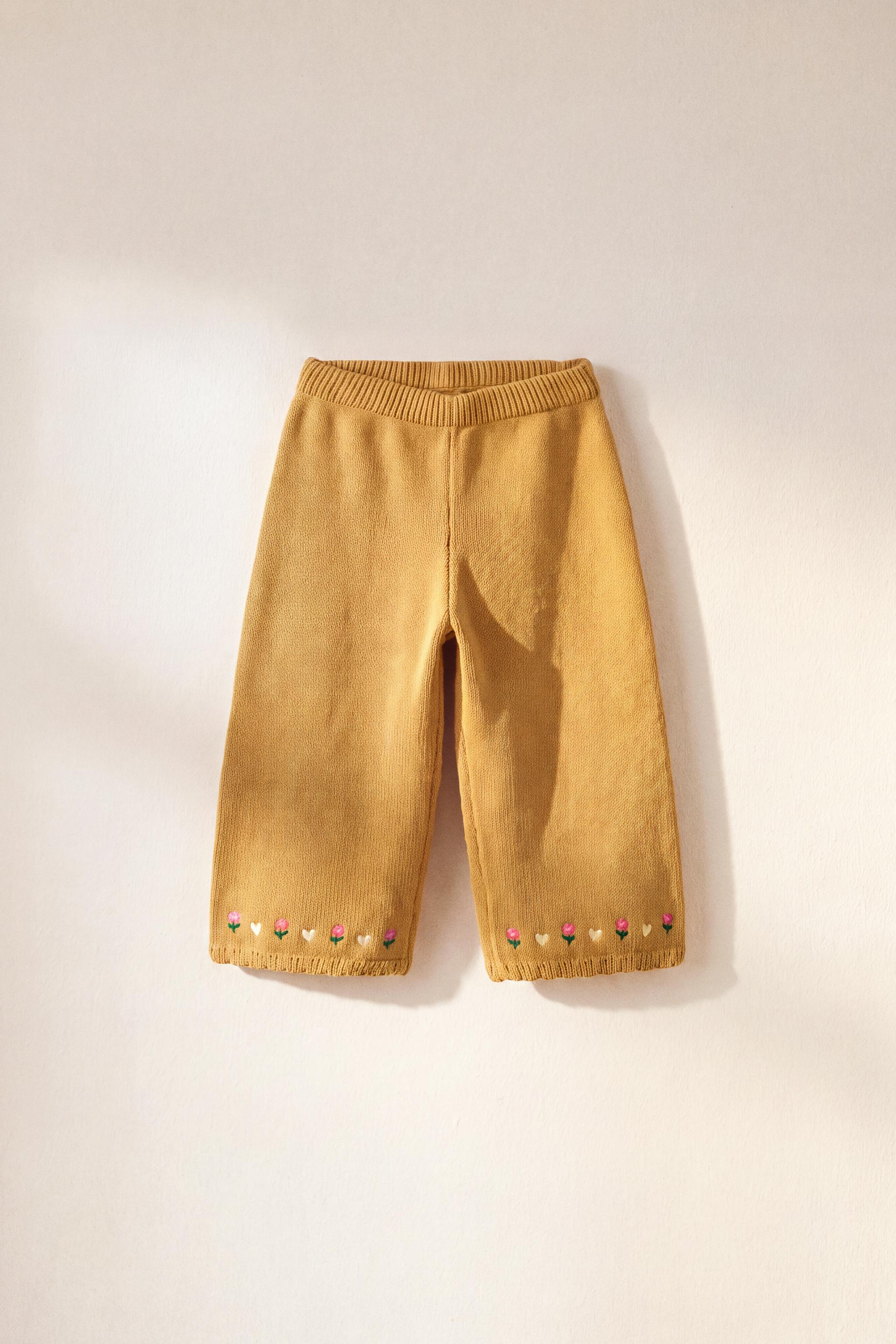 EMBROIDERED FLORAL KNIT CULOTTES — Mustard