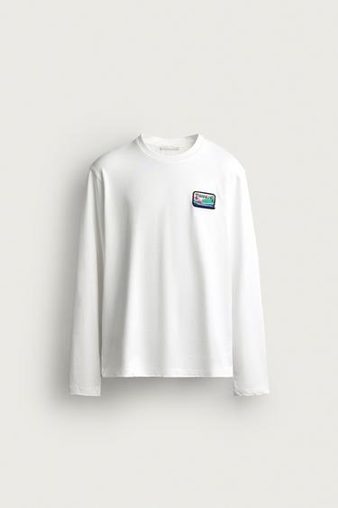 Zara LONG SLEEVE PATCH GRAPHIC T-SHIRT - White