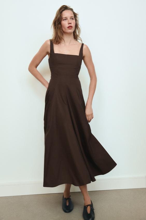 VESTIDO MIDI POPELÍN GODETS - Marrón oscuro de Zara - Imagen 0